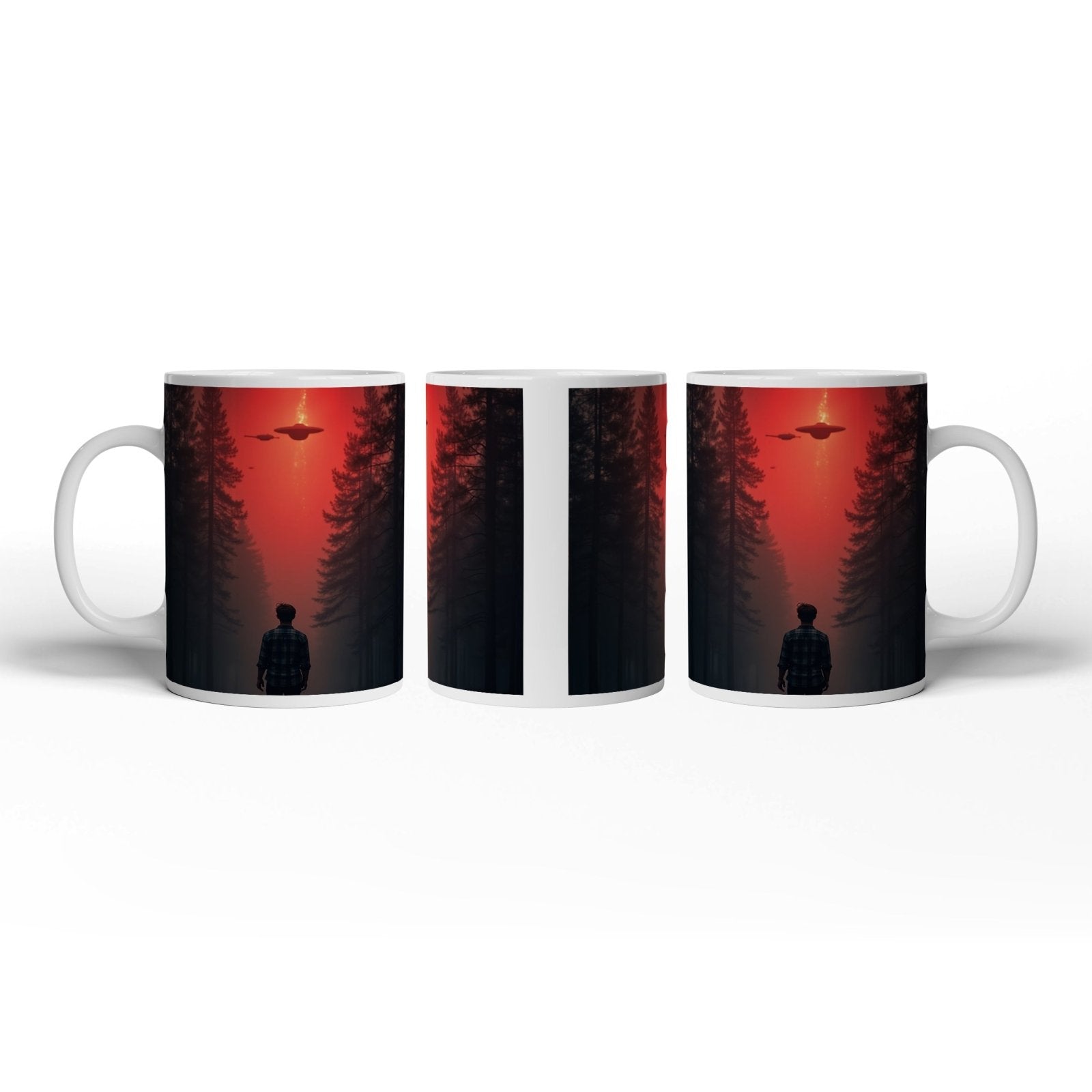 Motivtasse Ein roter Himmel, Ufos und Staunen im düsteren Wald. - deyoli