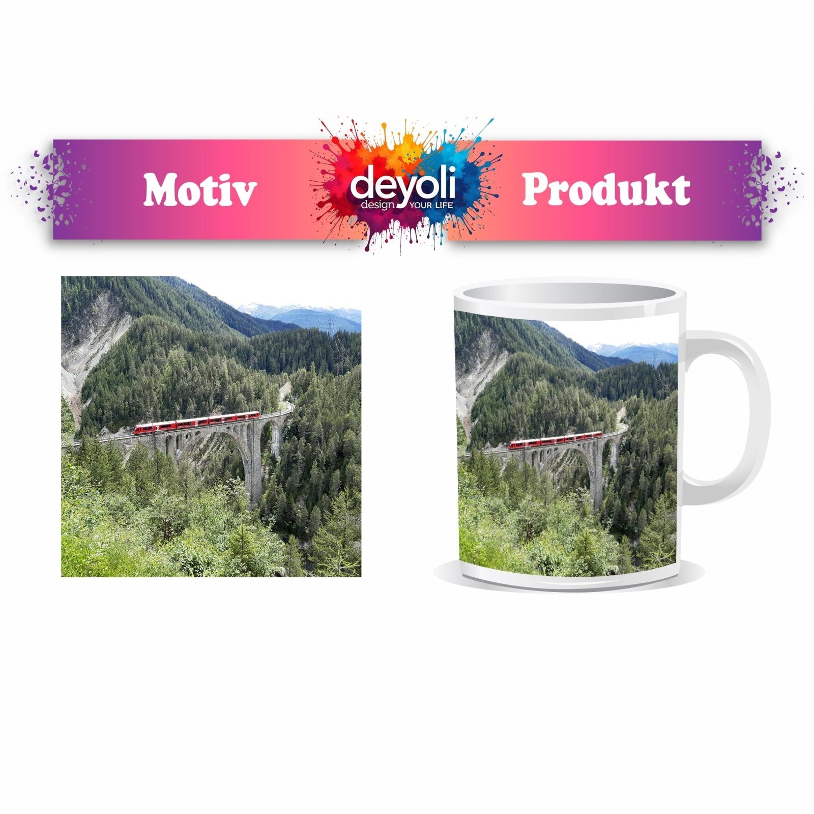 Motivtasse Ein roter Zug schwebt über ein grünes Meer aus Tannen. - deyoli