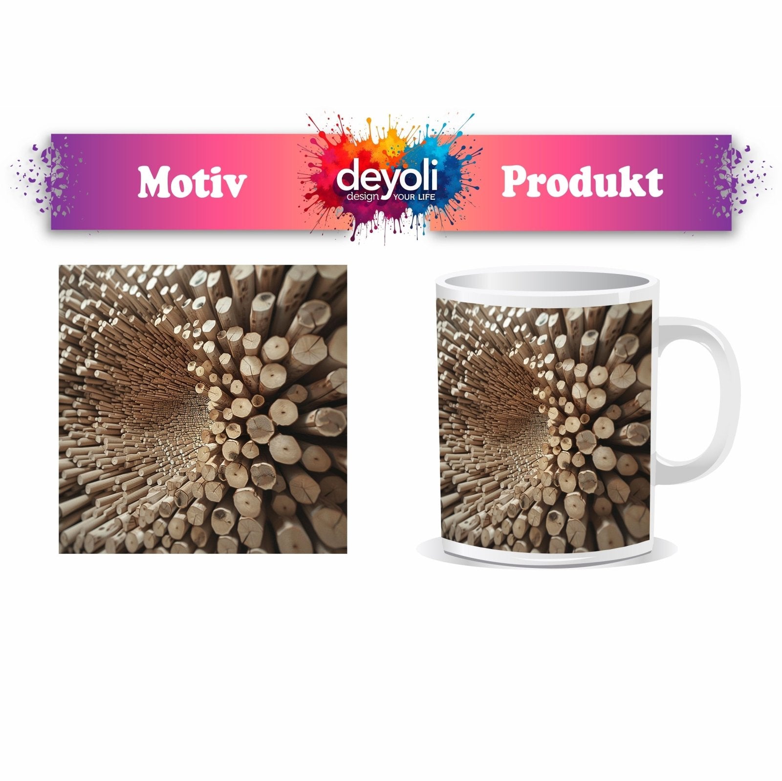 Motivtasse Ein Wirbel aus Holz – chaotisch, doch voller Ordnung. - deyoli