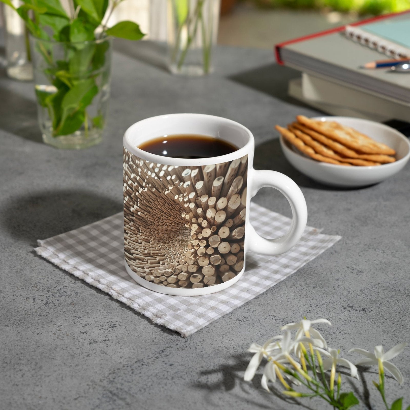 Motivtasse Ein Wirbel aus Holz – chaotisch, doch voller Ordnung. - deyoli