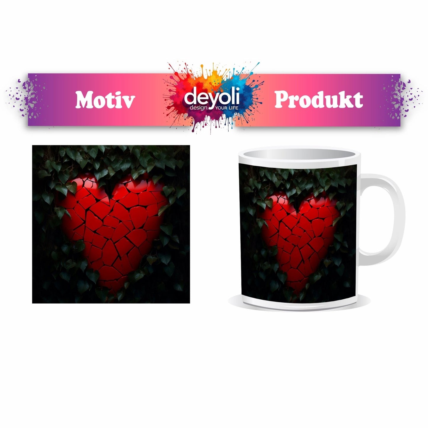 Motivtasse Ein zersplittertes Herz glüht geheimnisvoll im Laub. - deyoli