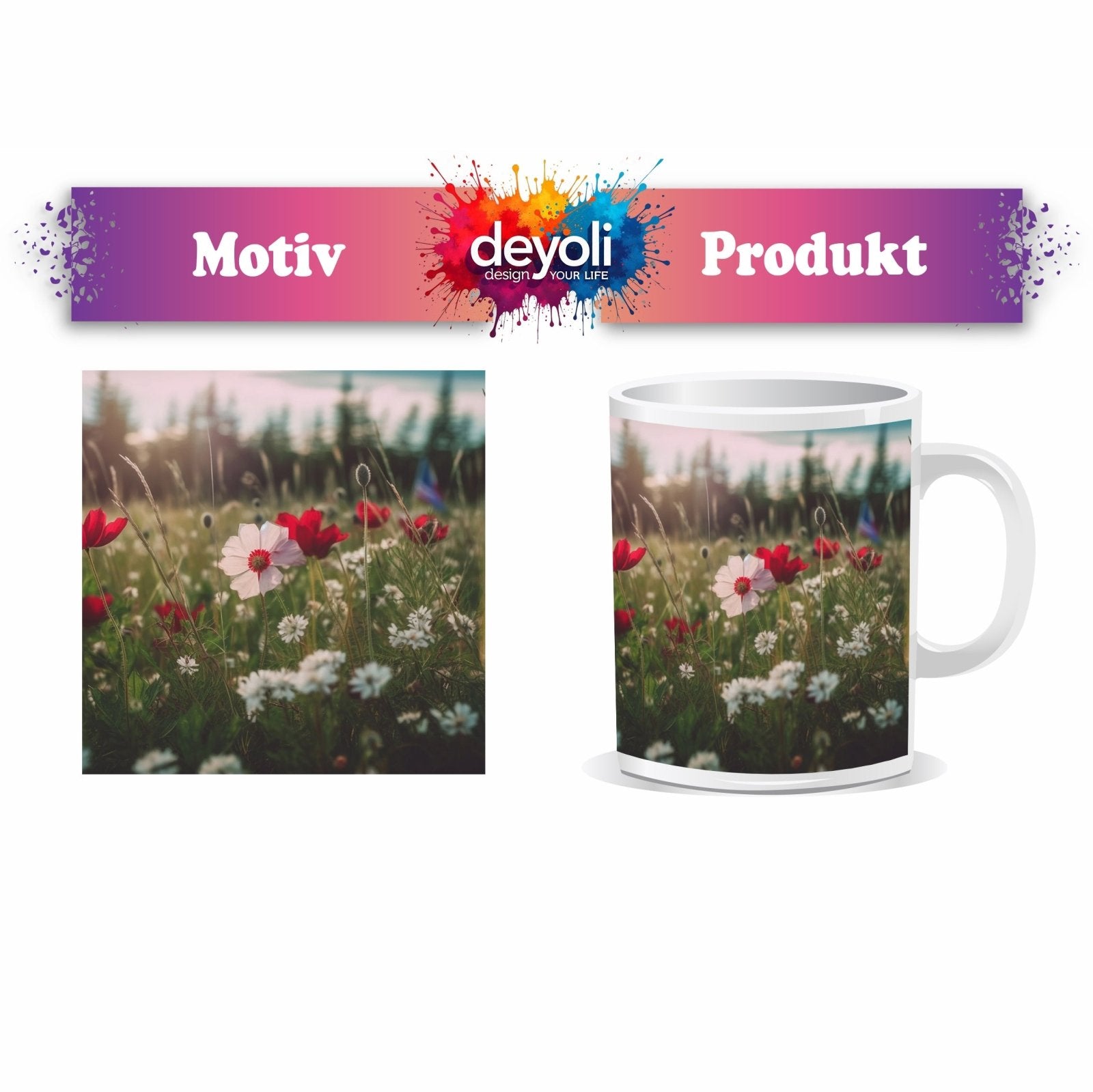 Motivtasse Einzigartig – eine weiße Blume in rotem Mohnmeer. - deyoli
