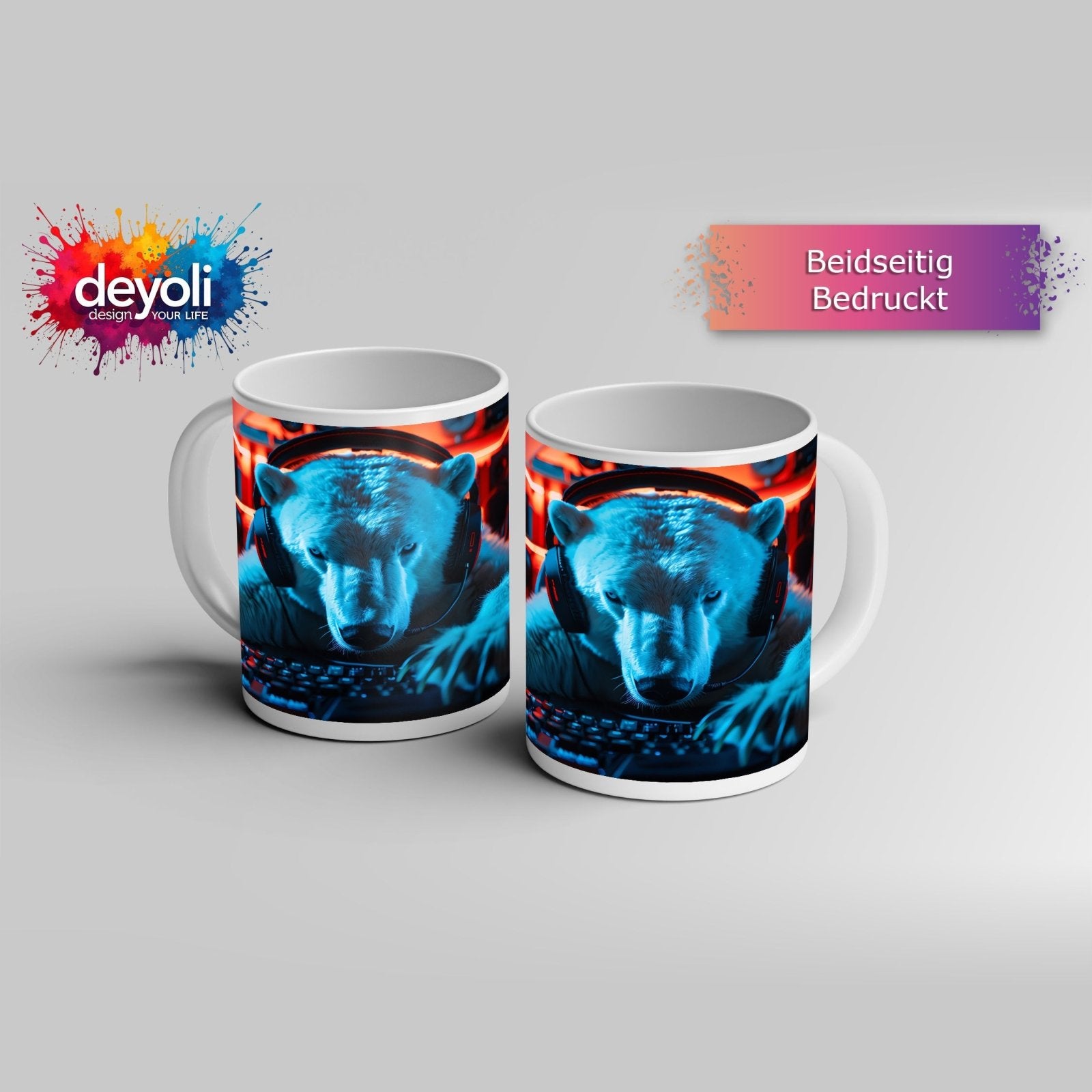 Motivtasse Eisiger Fokus – Gamer - Eisbär im roten Neonlicht. - deyoli