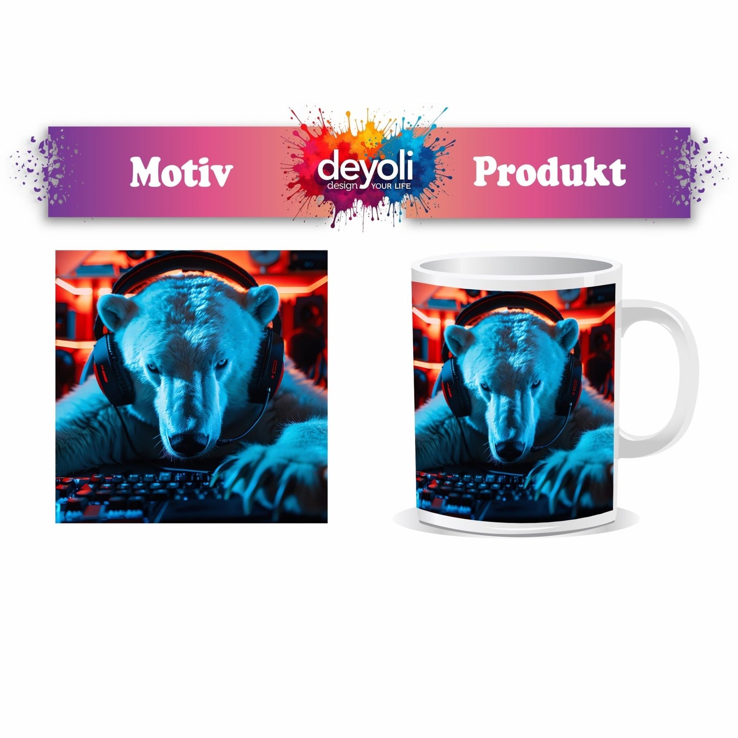 Motivtasse Eisiger Fokus – Gamer - Eisbär im roten Neonlicht. - deyoli