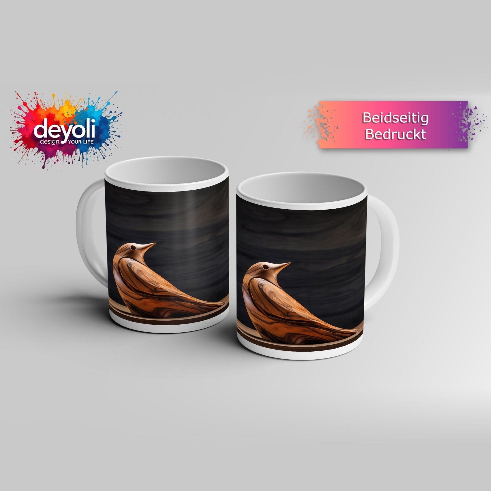 Motivtasse Eleganz aus Holz – ein Vogel in zeitloser Formvollendung. - deyoli