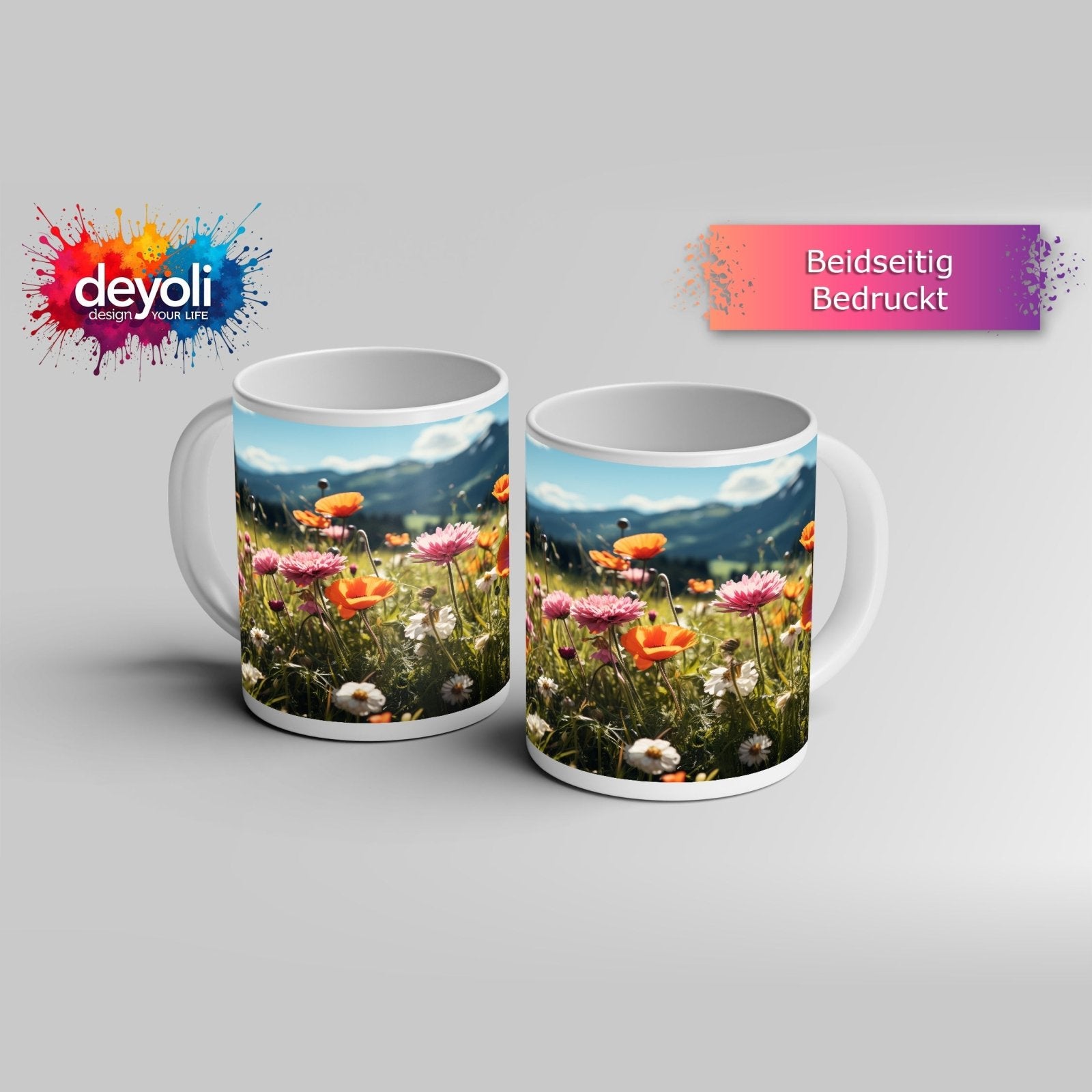 Motivtasse Farbenfrohe Wiesenblumen tanzen vor Bergkulisse. - deyoli