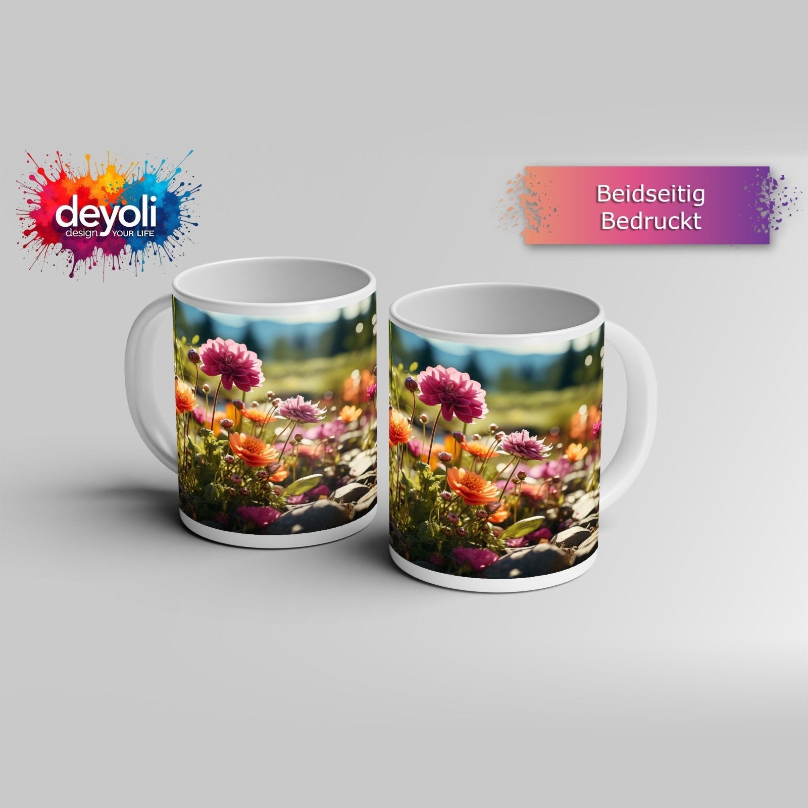 Motivtasse Farbenpracht blüht auf zwischen Kieseln und Sonnenstrahlen. - deyoli