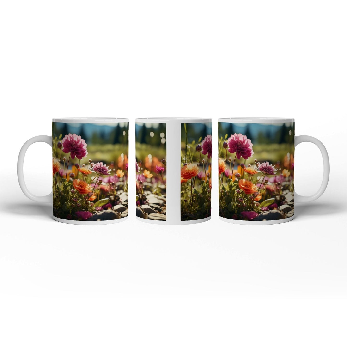 Motivtasse Farbenpracht blüht auf zwischen Kieseln und Sonnenstrahlen. - deyoli