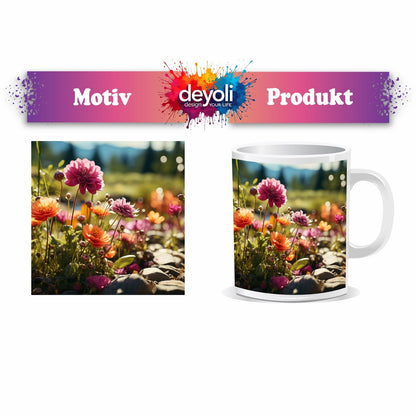 Motivtasse Farbenpracht blüht auf zwischen Kieseln und Sonnenstrahlen. - deyoli