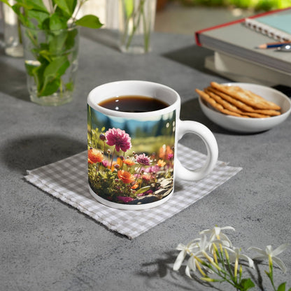 Motivtasse Farbenpracht blüht auf zwischen Kieseln und Sonnenstrahlen. - deyoli