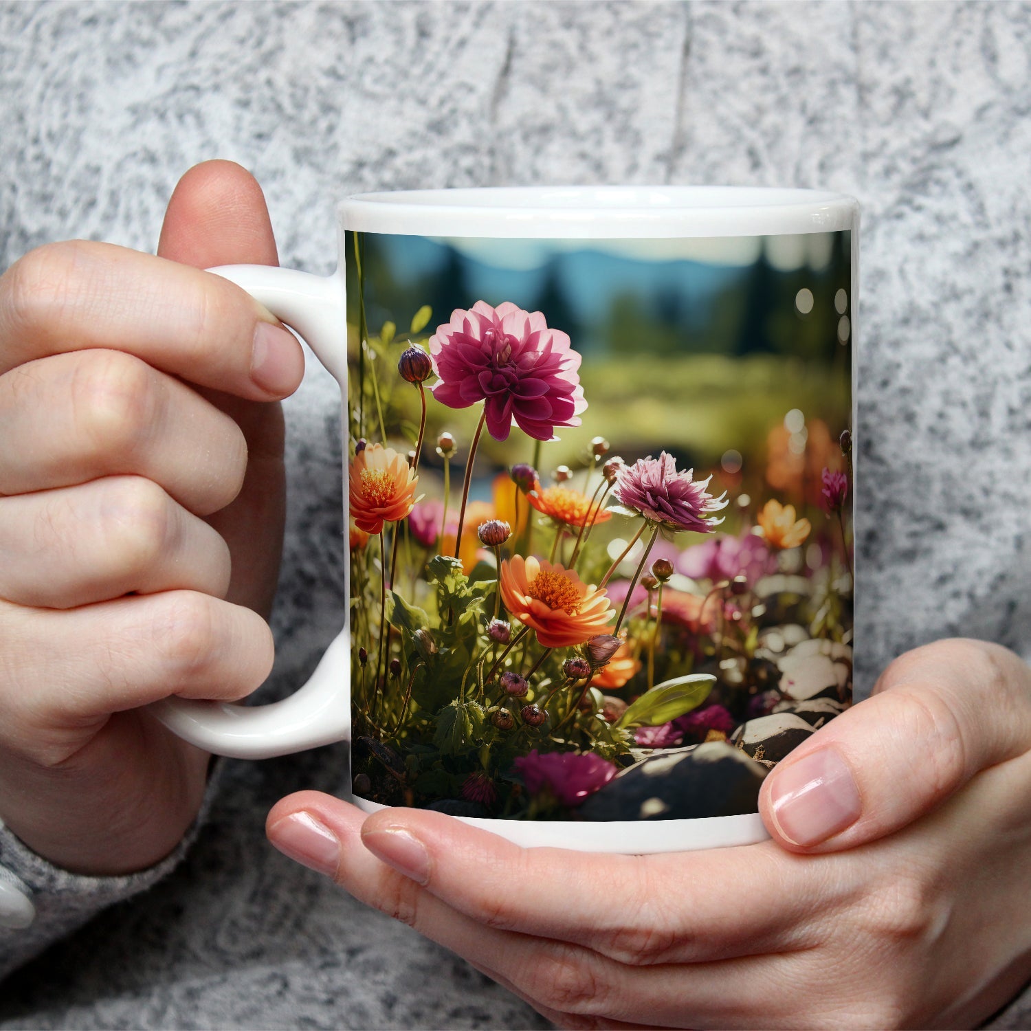 Motivtasse Farbenpracht blüht auf zwischen Kieseln und Sonnenstrahlen. - deyoli