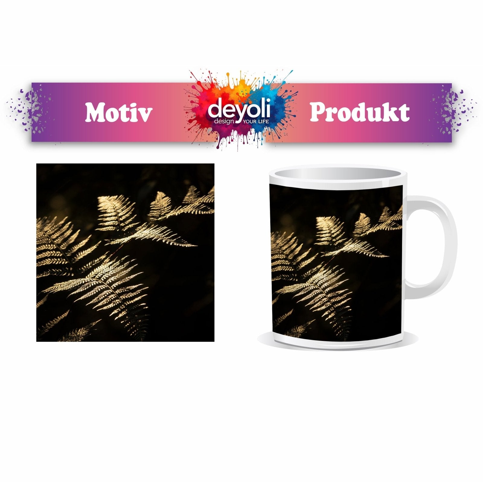 Motivtasse Farn im Licht – Naturpoesie auf dunkler Bühne. - deyoli