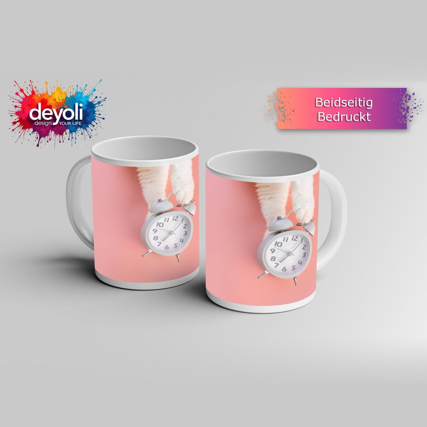 Motivtasse Flauschige Pfoten halten die Zeit auf rosa Grund. - deyoli