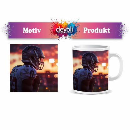 Motivtasse Footballer im Sonnenuntergang – Fokus im letzten Licht. - deyoli