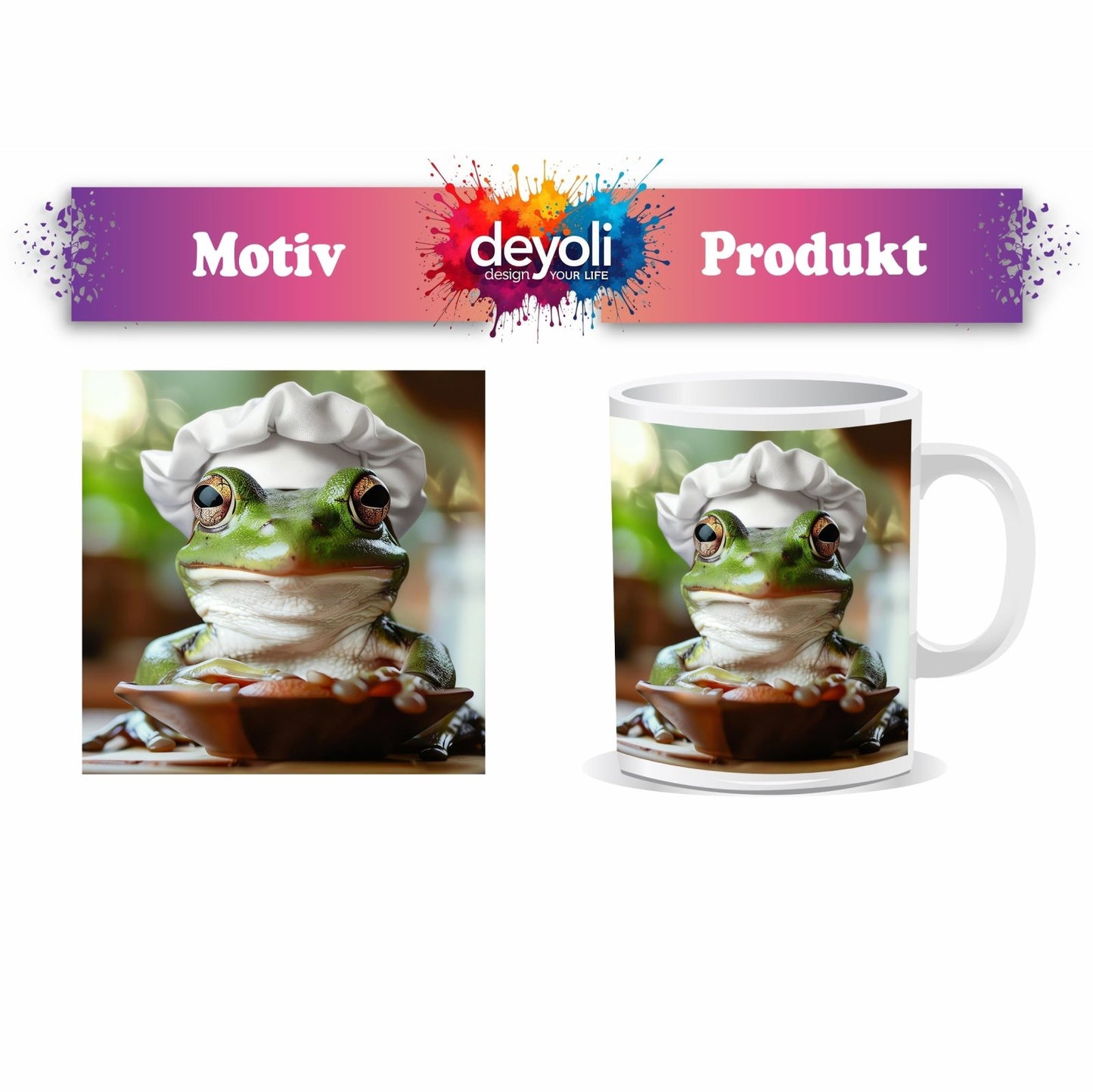 Motivtasse Frosch mit Kochmütze – stiller Gourmet am Werk. - deyoli