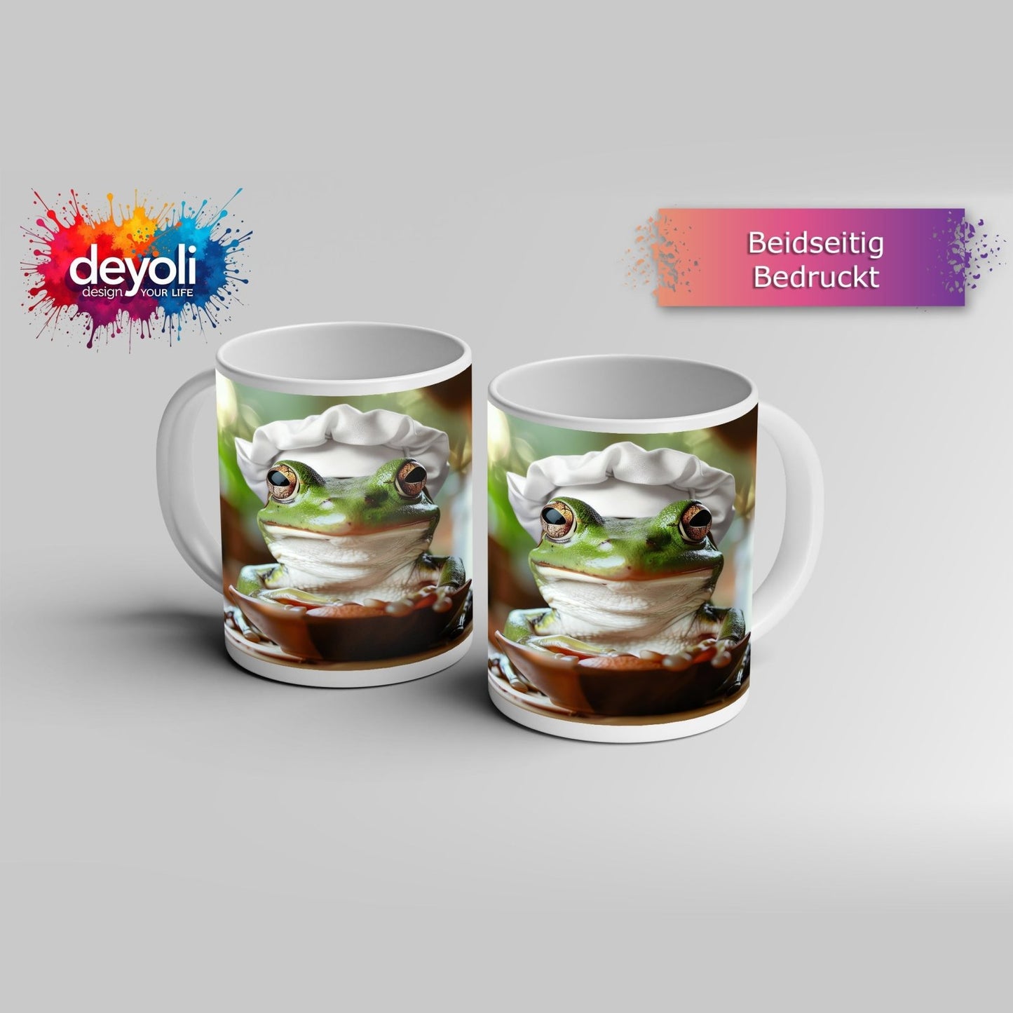 Motivtasse Frosch mit Kochmütze – stiller Gourmet am Werk. - deyoli