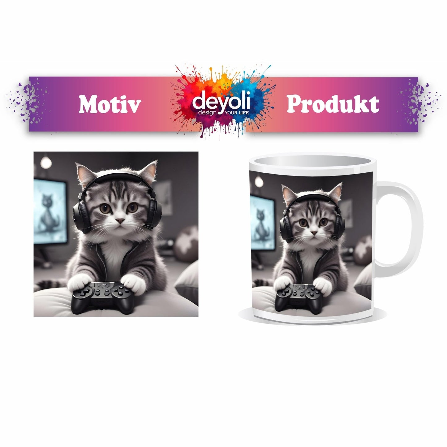 Motivtasse Gamer - Katze – flauschig, fokussiert, voll im Flow. - deyoli