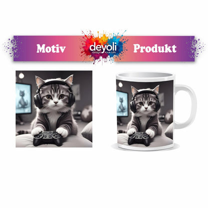 Motivtasse Gamer - Katze – flauschig, fokussiert, voll im Flow. - deyoli
