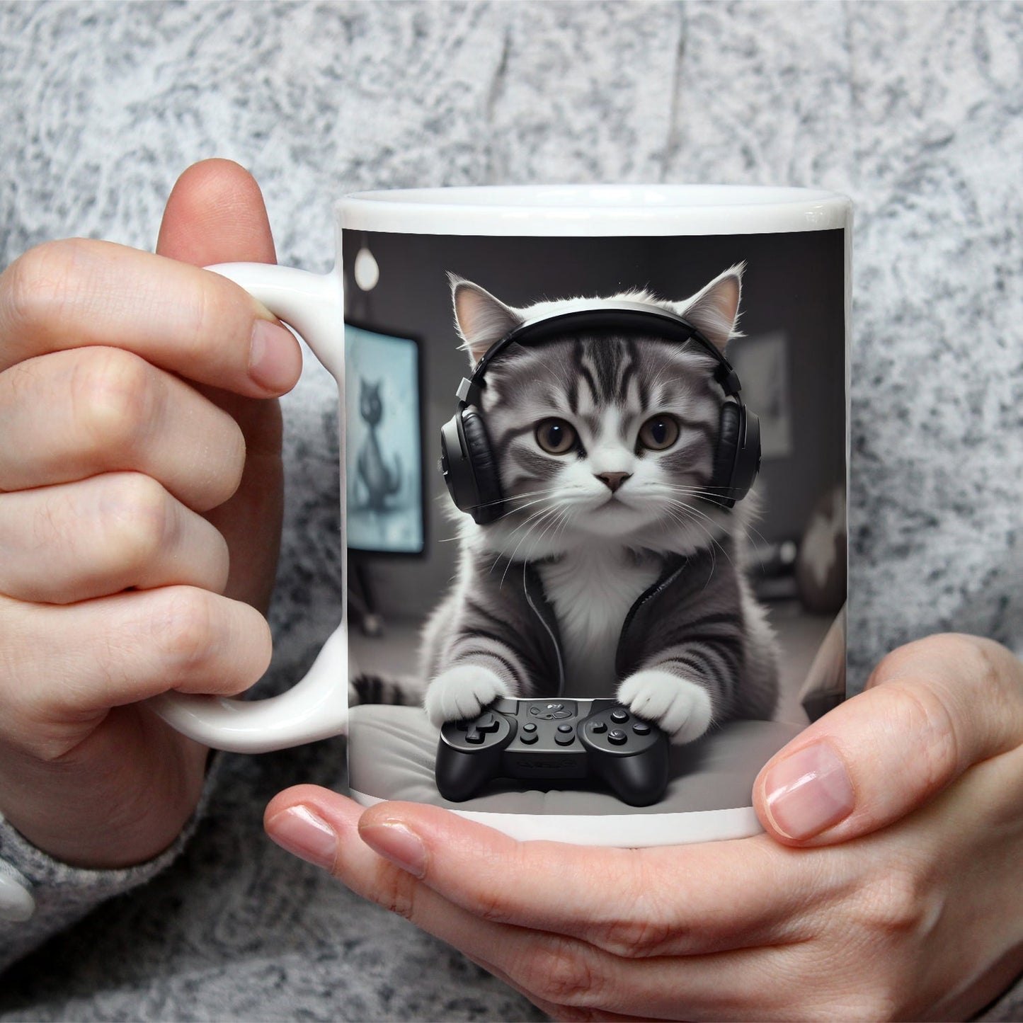 Motivtasse Gamer - Katze – flauschig, fokussiert, voll im Flow. - deyoli