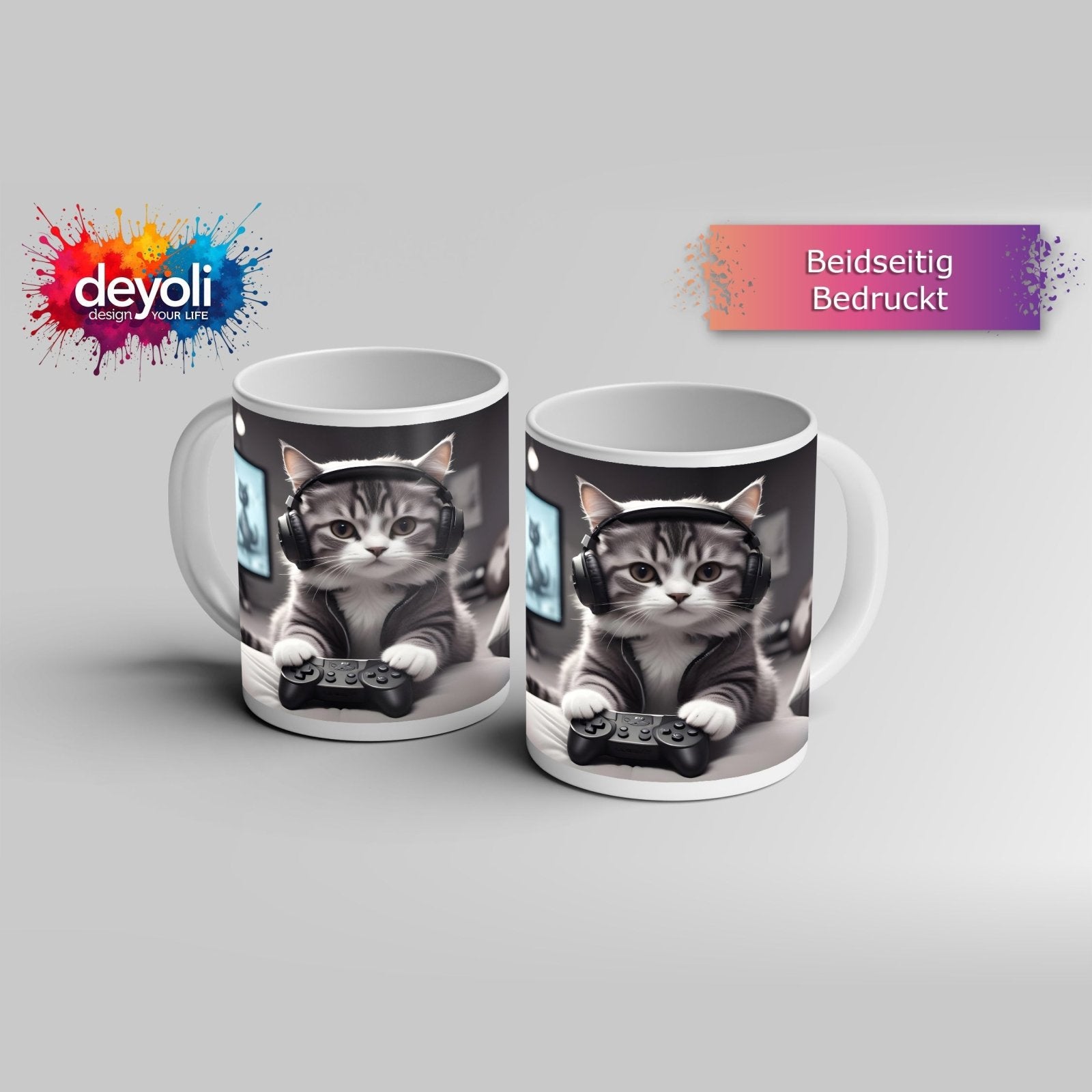 Motivtasse Gamer - Katze – flauschig, fokussiert, voll im Flow. - deyoli