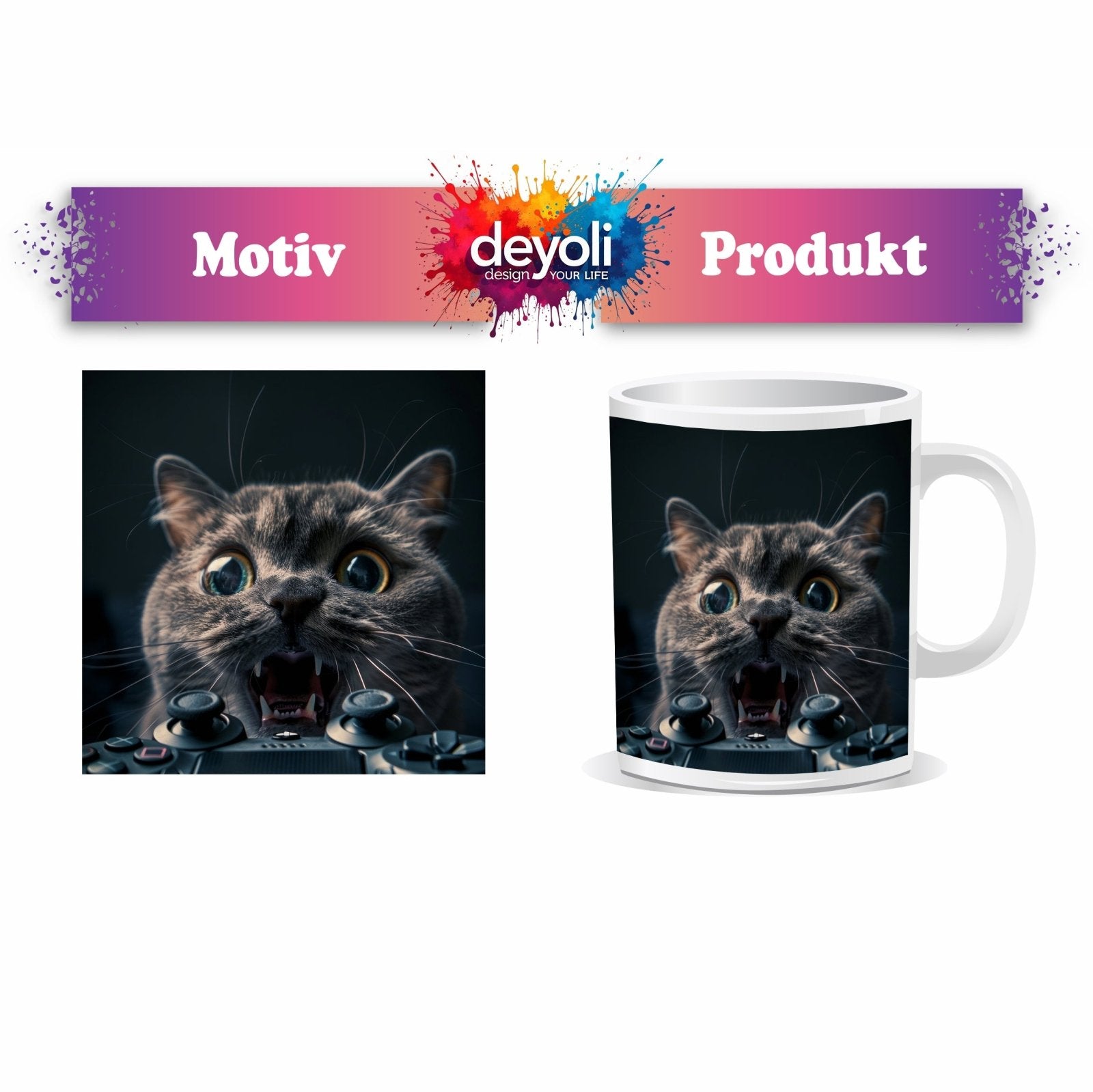 Motivtasse Gamer - Katze im Rage - Modus – Krallen statt Controller. - deyoli