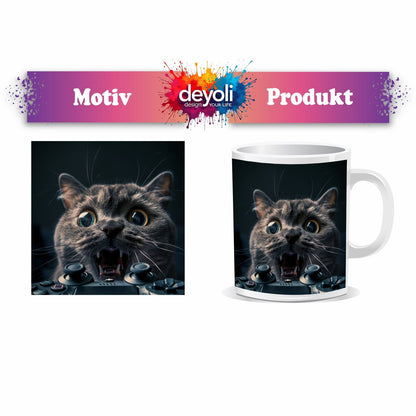Motivtasse Gamer - Katze im Rage - Modus – Krallen statt Controller. - deyoli