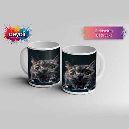 Motivtasse Gamer - Katze im Rage - Modus – Krallen statt Controller. - deyoli