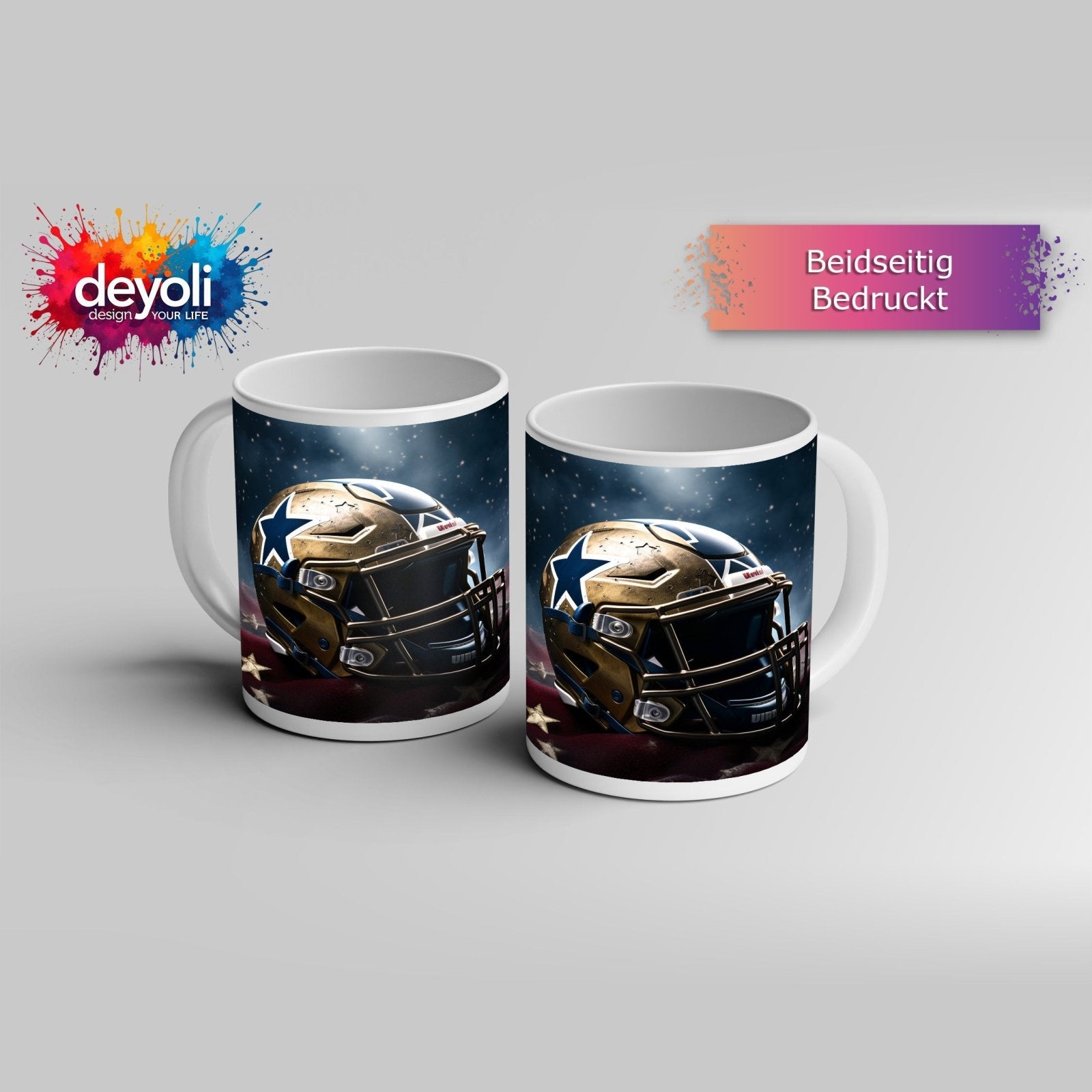 Motivtasse Glänzender Helm vor Sternenhimmel – bereit für die Schlacht. - deyoli