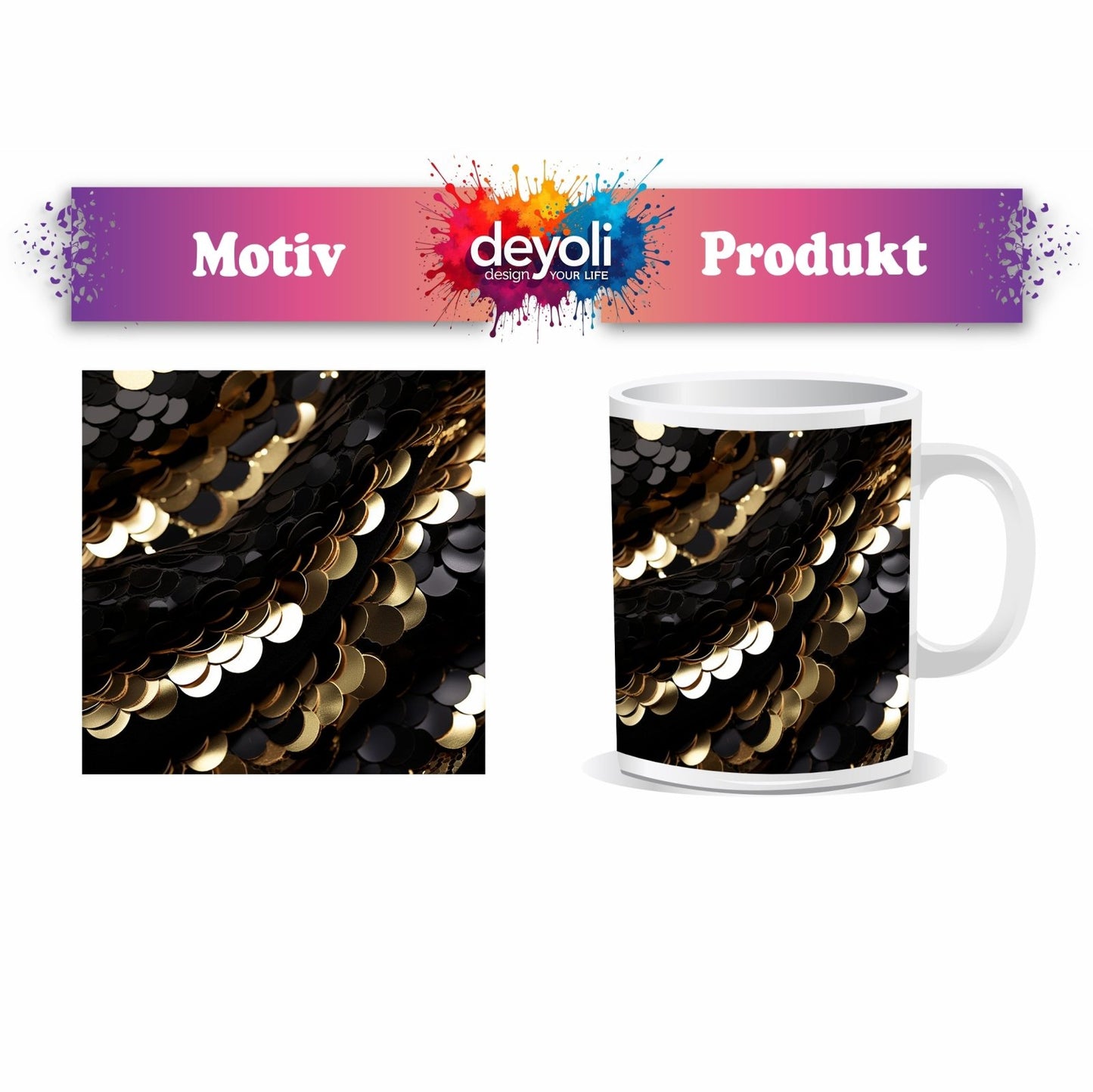 Motivtasse Gold und Schwarz tanzen in schimmernder Harmonie. - deyoli