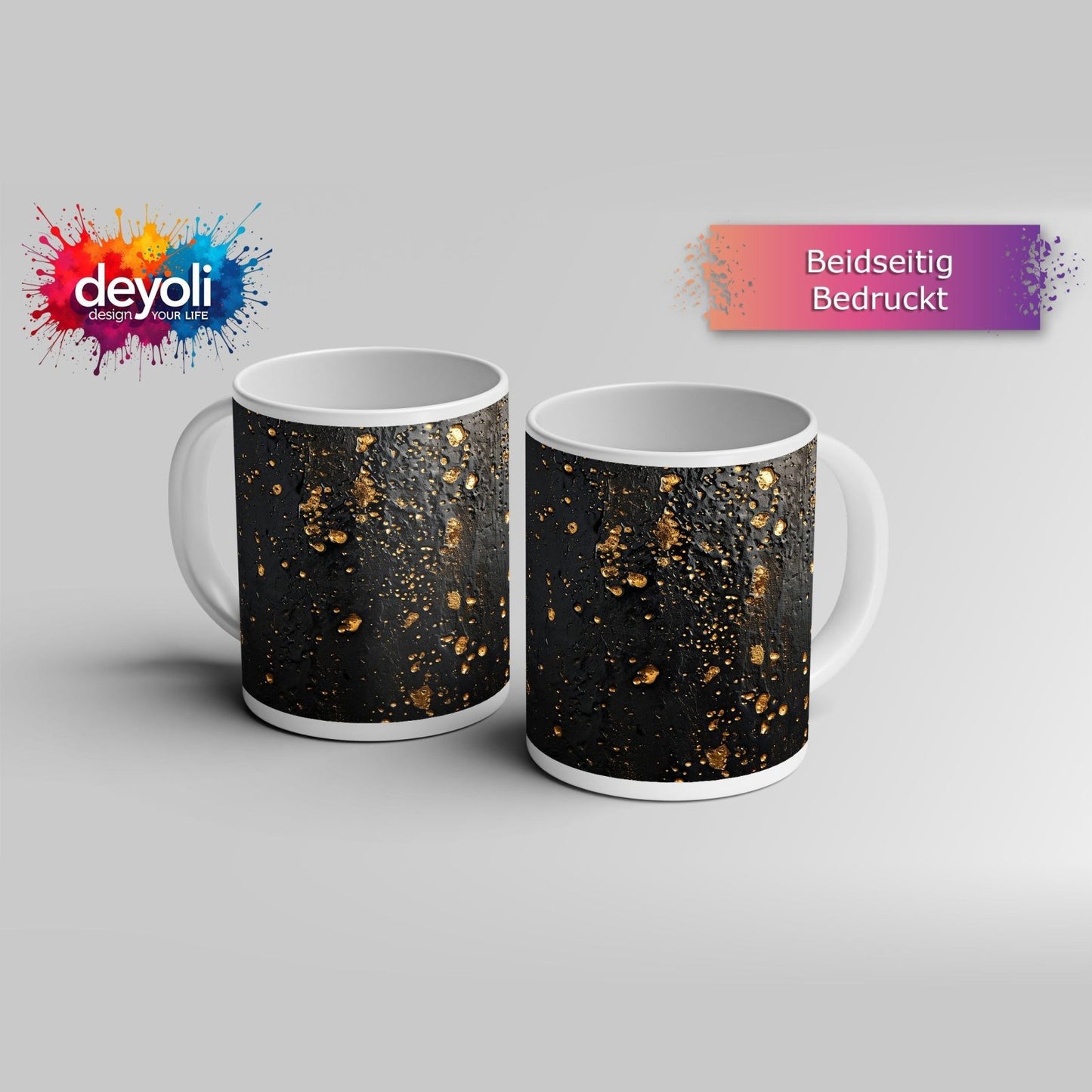 Motivtasse Goldtropfen tanzen auf samtiger Schwarznis. - deyoli