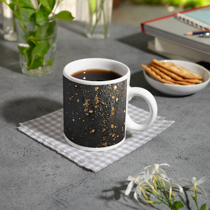 Motivtasse Goldtropfen tanzen auf samtiger Schwarznis. - deyoli