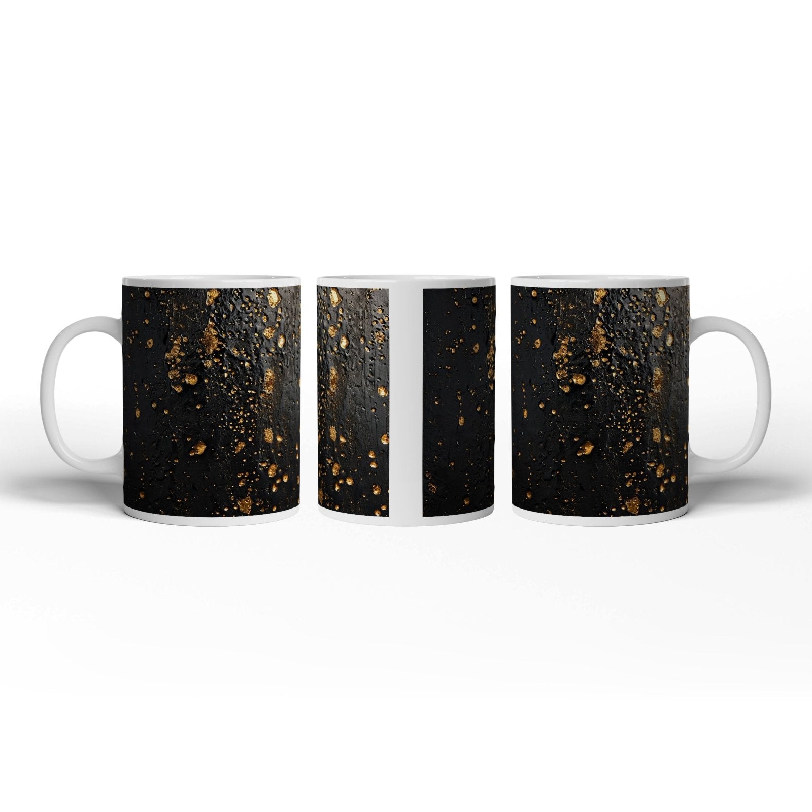 Motivtasse Goldtropfen tanzen auf samtiger Schwarznis. - deyoli