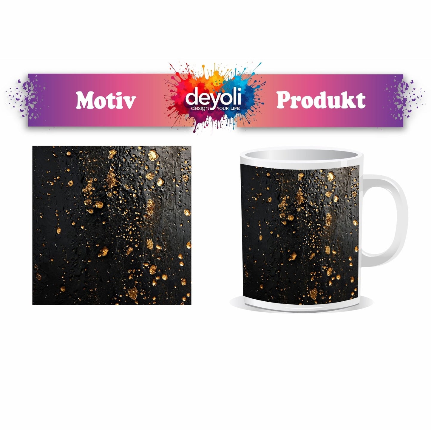 Motivtasse Goldtropfen tanzen auf samtiger Schwarznis. - deyoli