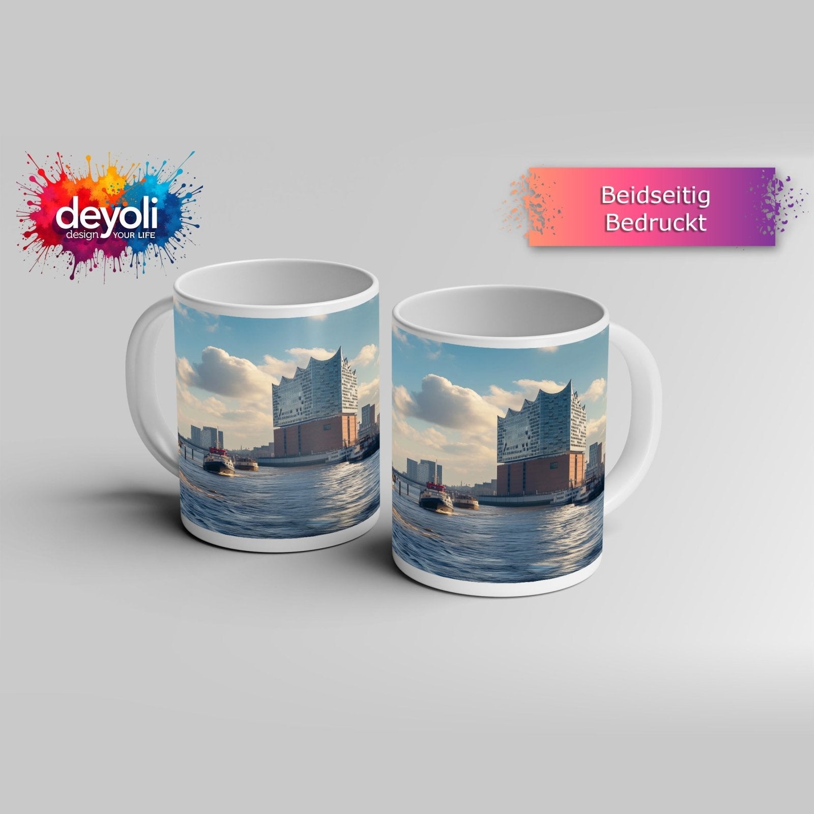 Motivtasse Hafenzauber mit Elbphilharmonie im goldenen Morgenlicht. - deyoli