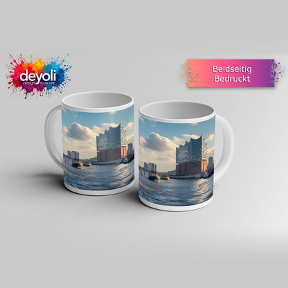 Motivtasse Hafenzauber mit Elbphilharmonie im goldenen Morgenlicht. - deyoli