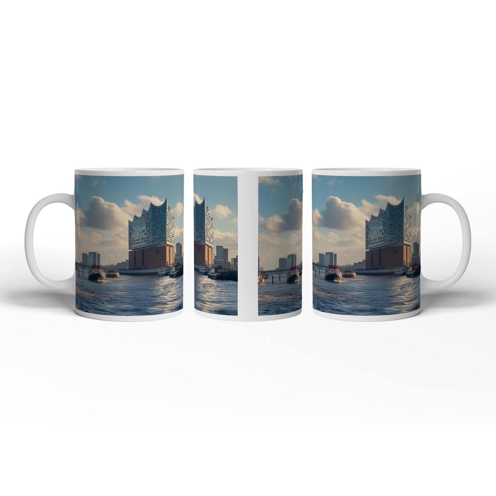 Motivtasse Hafenzauber mit Elbphilharmonie im goldenen Morgenlicht. - deyoli