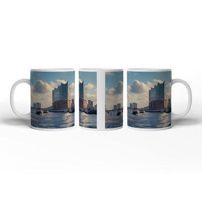Motivtasse Hafenzauber mit Elbphilharmonie im goldenen Morgenlicht. - deyoli