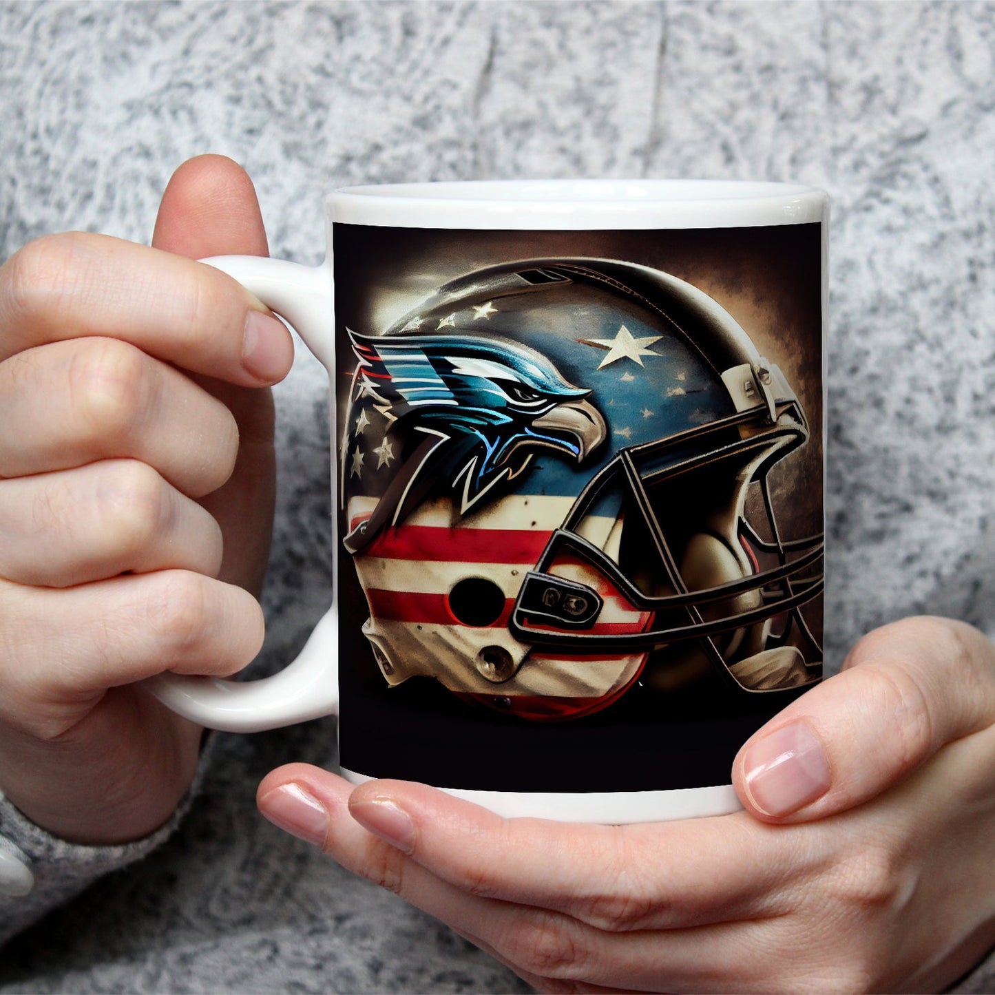 Motivtasse Helm in Sternen und Streifen – bereit für den großen Wurf. - deyoli
