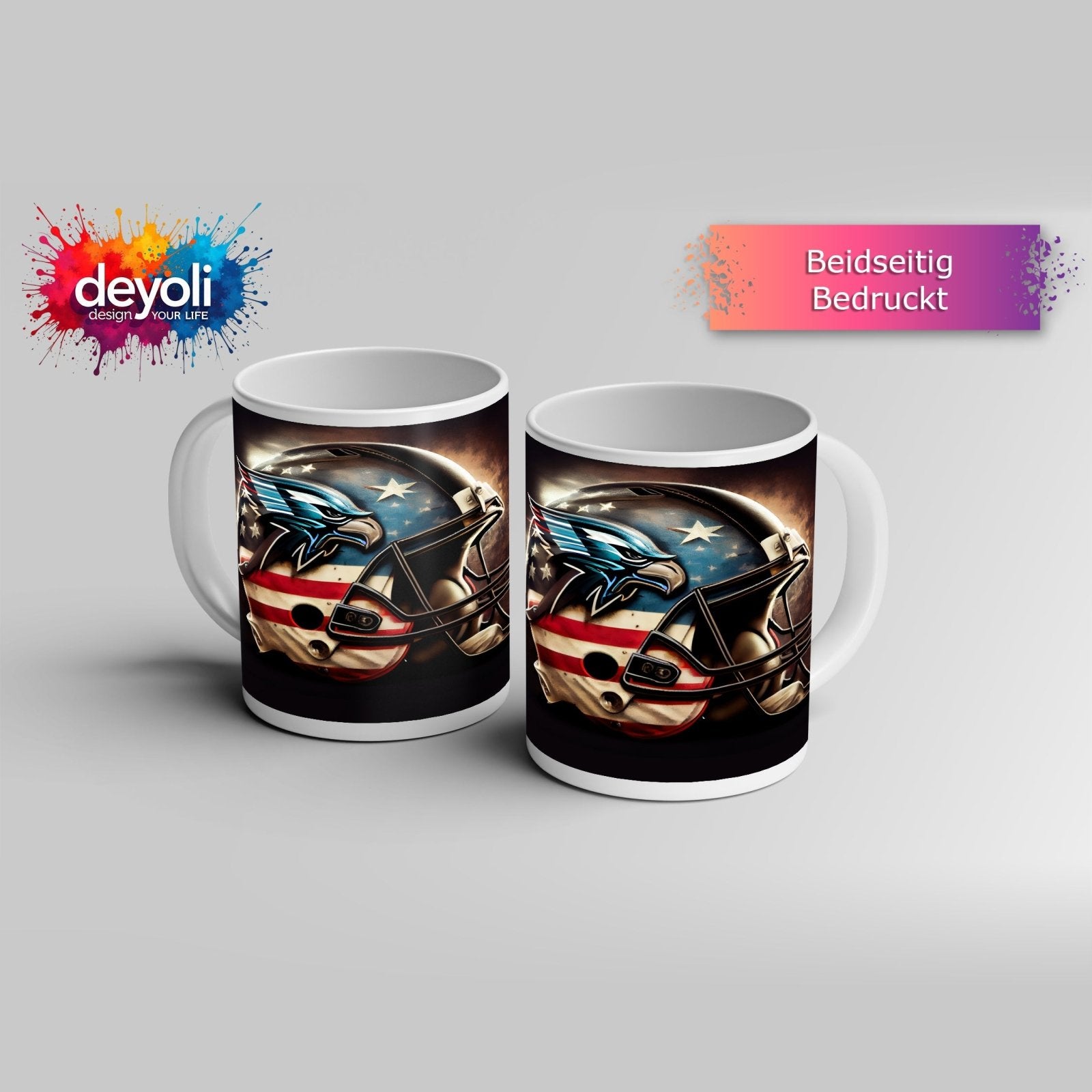 Motivtasse Helm in Sternen und Streifen – bereit für den großen Wurf. - deyoli