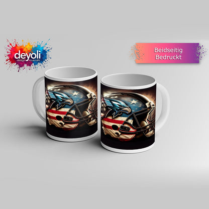 Motivtasse Helm in Sternen und Streifen – bereit für den großen Wurf. - deyoli