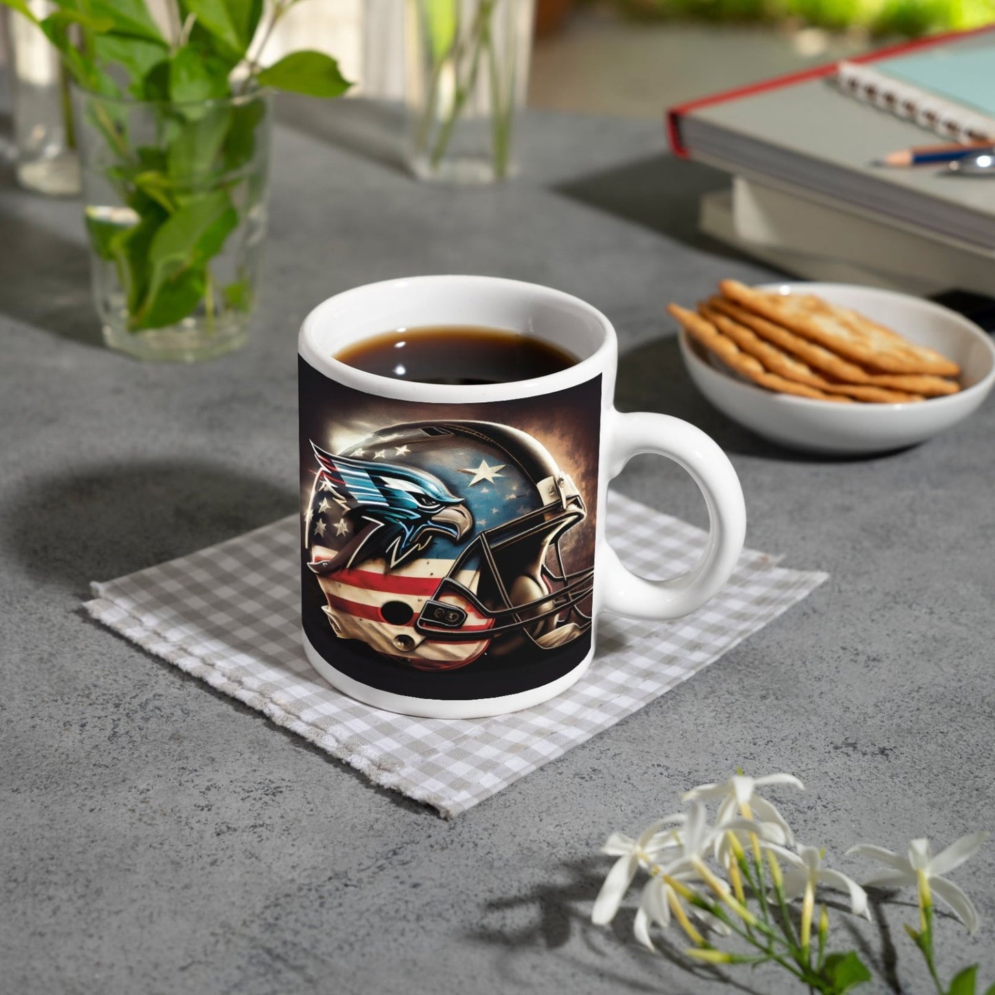 Motivtasse Helm in Sternen und Streifen – bereit für den großen Wurf. - deyoli