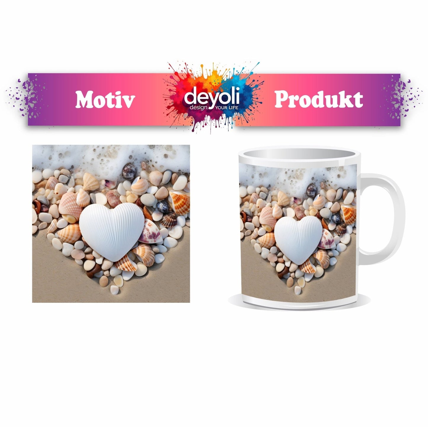 Motivtasse Herz aus Muscheln – Liebe trifft Meeresrauschen. - deyoli
