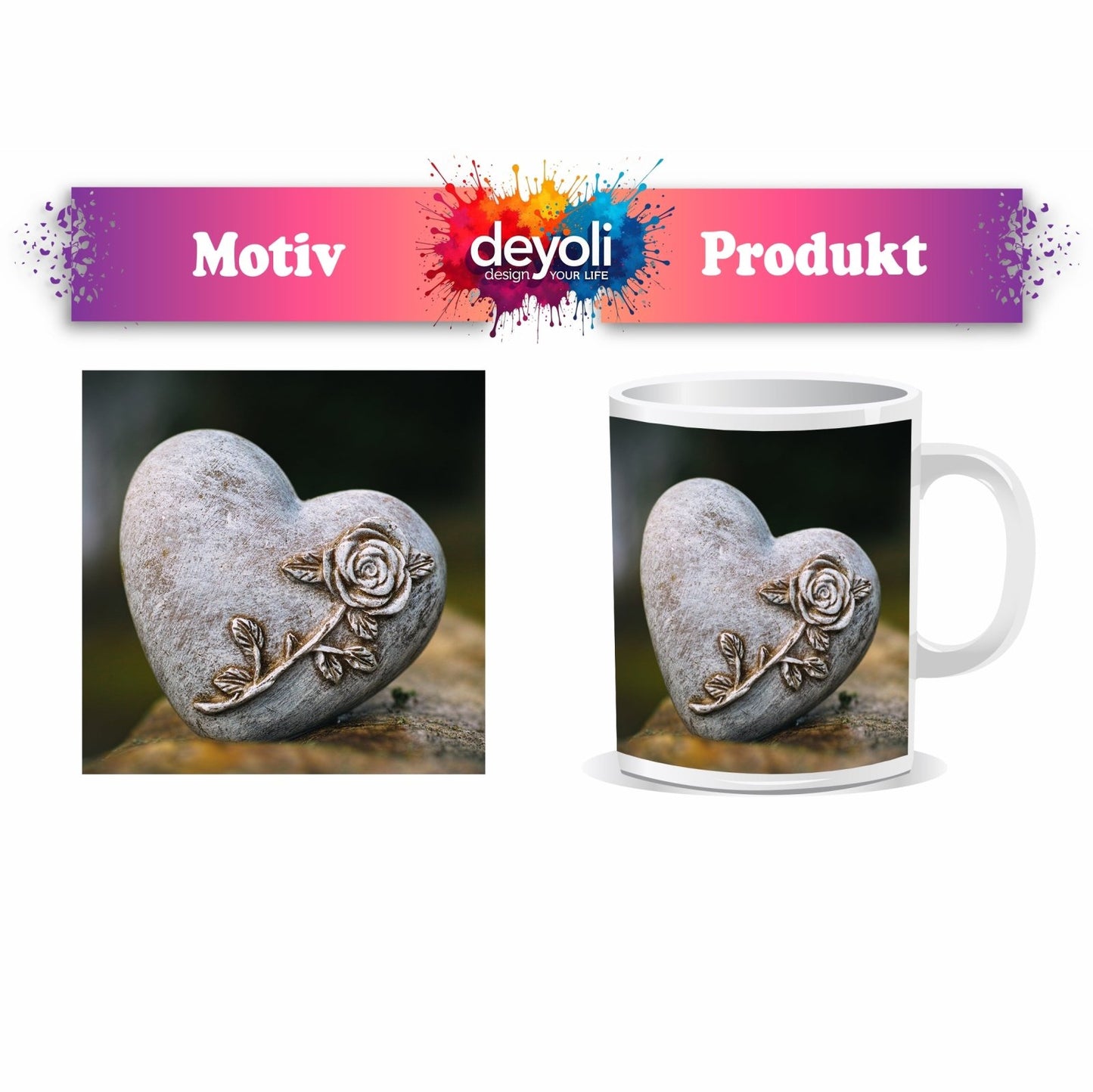 Motivtasse Herz aus Stein – verziert mit einer Rose der Erinnerung. - deyoli