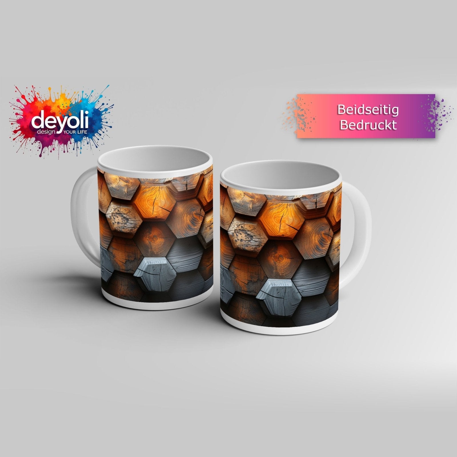 Motivtasse Hexagonale Holzstruktur mit warmem Glanz und Charakter. - deyoli