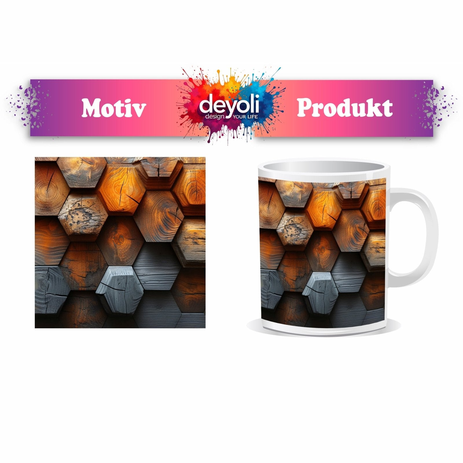 Motivtasse Hexagonale Holzstruktur mit warmem Glanz und Charakter. - deyoli