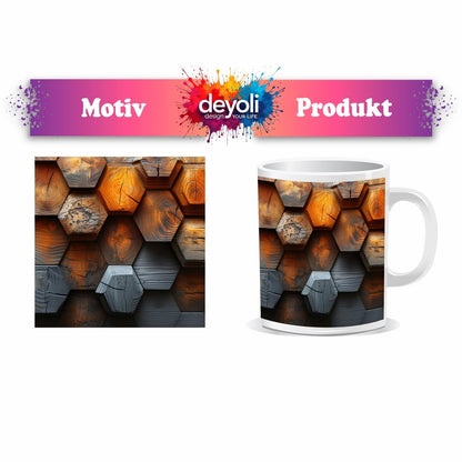 Motivtasse Hexagonale Holzstruktur mit warmem Glanz und Charakter. - deyoli