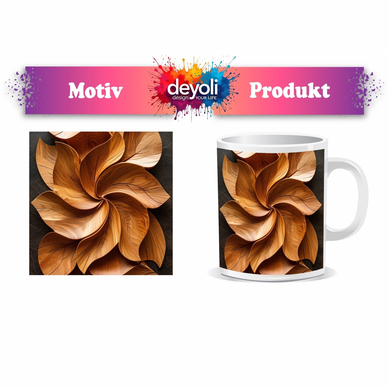 Motivtasse Holzblätter wirbeln in kunstvoller, natürlicher Harmonie. - deyoli