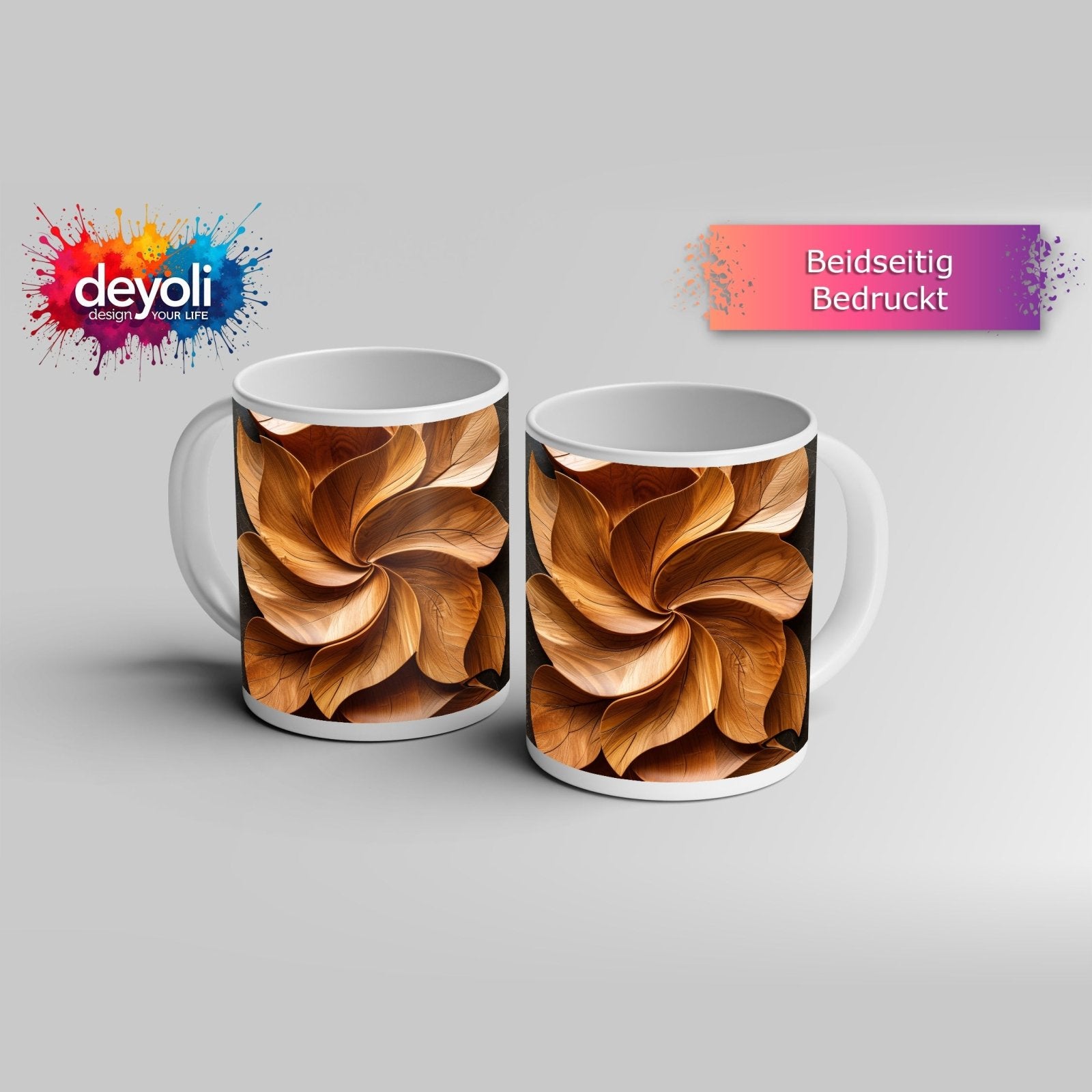 Motivtasse Holzblätter wirbeln in kunstvoller, natürlicher Harmonie. - deyoli