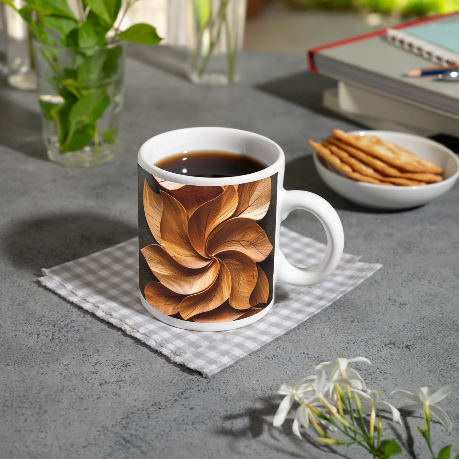 Motivtasse Holzblätter wirbeln in kunstvoller, natürlicher Harmonie. - deyoli