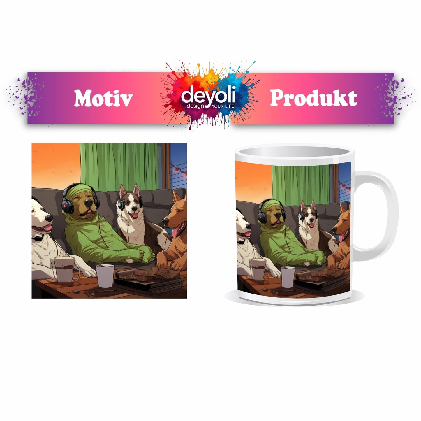 Motivtasse Hundeclique im Gaming - Fieber – Headsets, Snacks, Teamgeist. - deyoli
